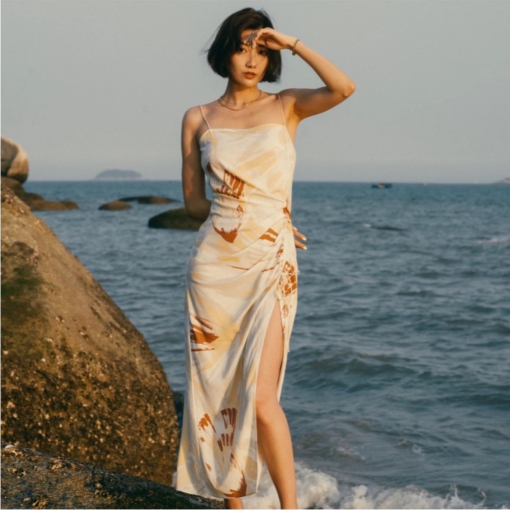 NWT Neiwai x Savislook Shell Print Tencel Shirred Slit Maxi Dress Size 6 $168 - Picture 12 of 12